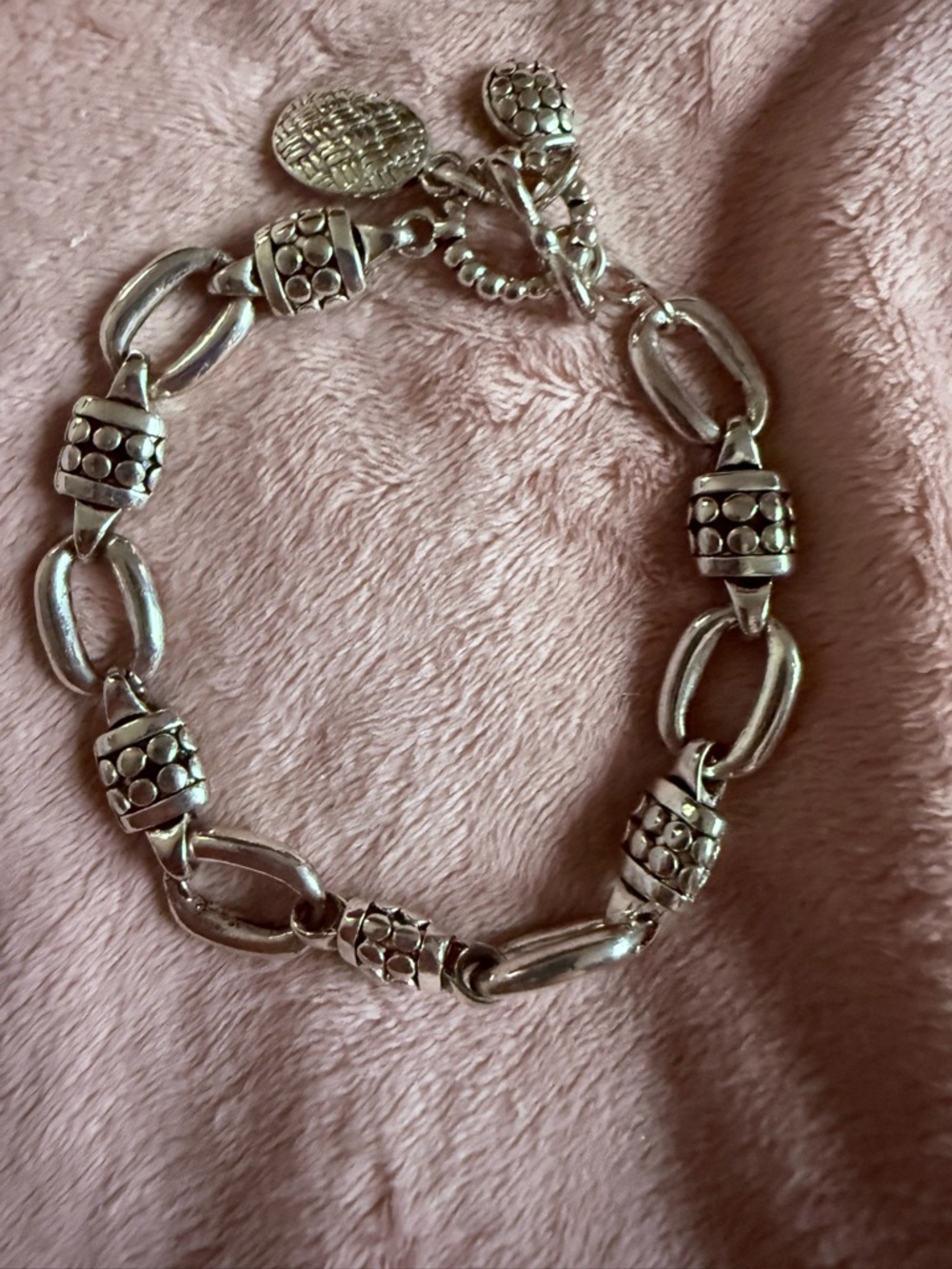 Sterling-Style Silver Link Bracelet with Beaded Accents